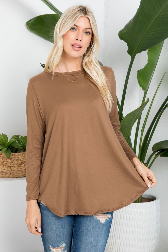 Black P & Rose Butter Soft Solid Basic Long Sleeve Layering Shirt, close-up of the smooth, fitted long sleeve top fabric.