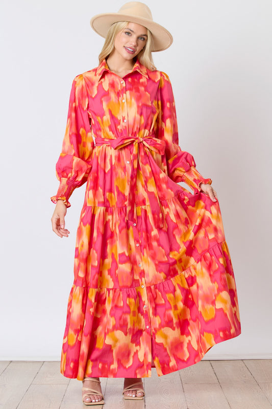 Magenta orange brushed print shirt dress by Peach Love California with tie waist, lightweight and stylish for casual or dressy occasions.