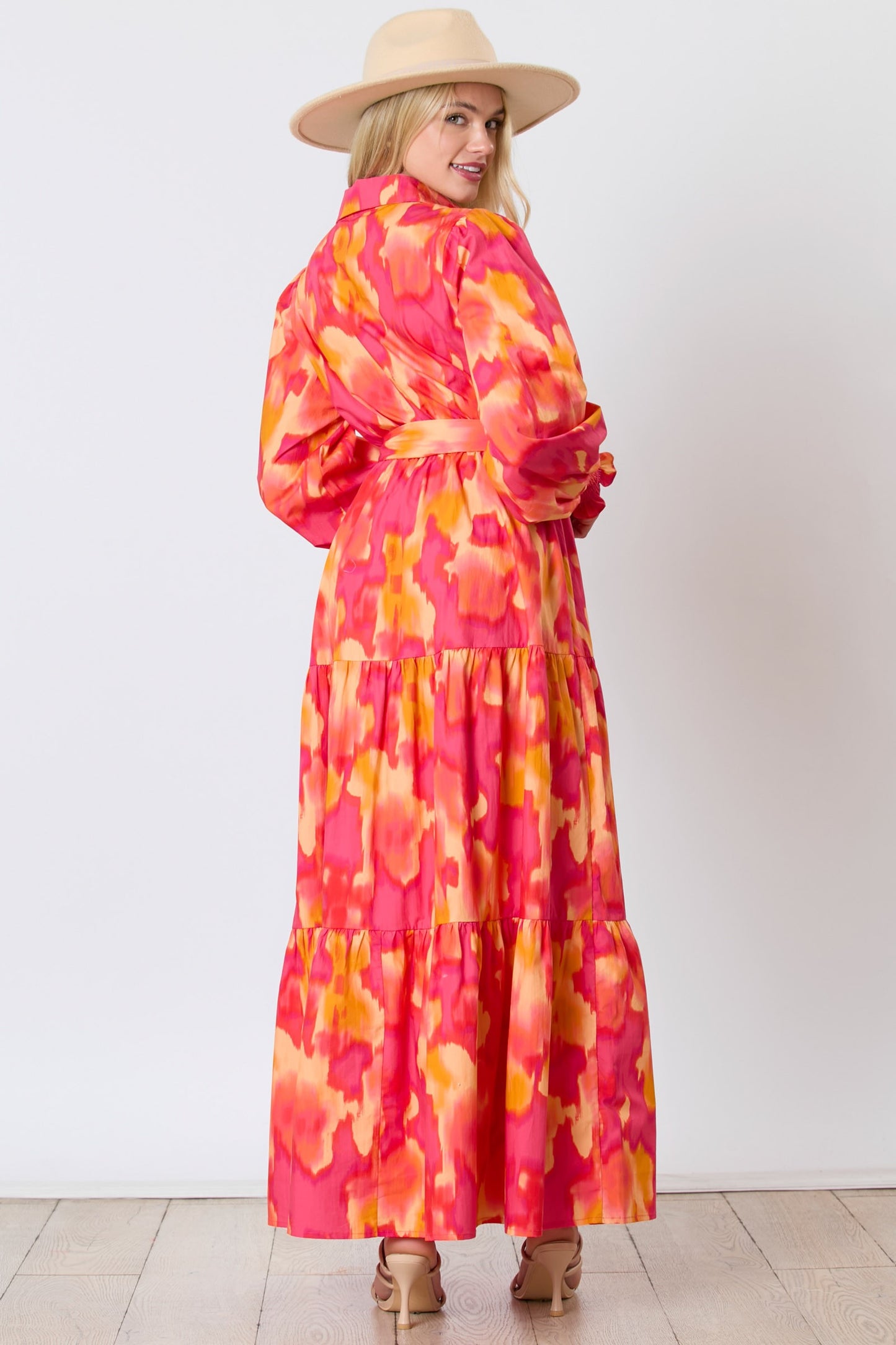 Magenta orange brushed print shirt dress with tie waist by Peach Love California, showcasing a casual yet stylish dress design.
