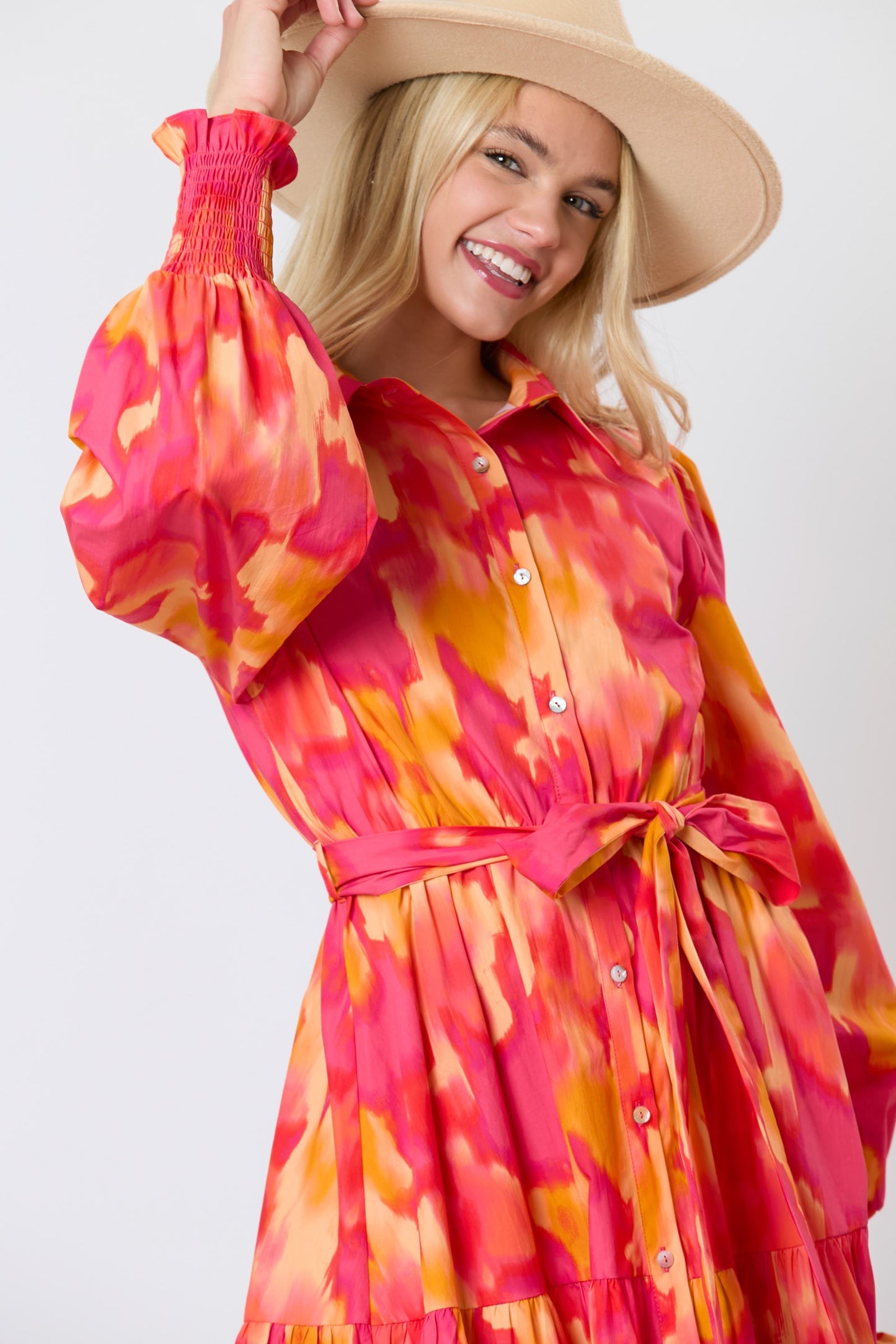 Magenta orange brushed print shirt dress with tie waist from Peach Love California, featuring a relaxed fit and stylish design.