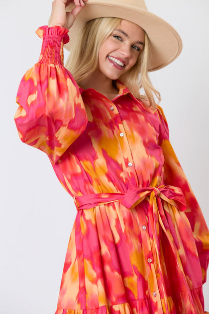 Magenta orange brushed print shirt dress with tie waist from Peach Love California, featuring a relaxed fit and stylish design.