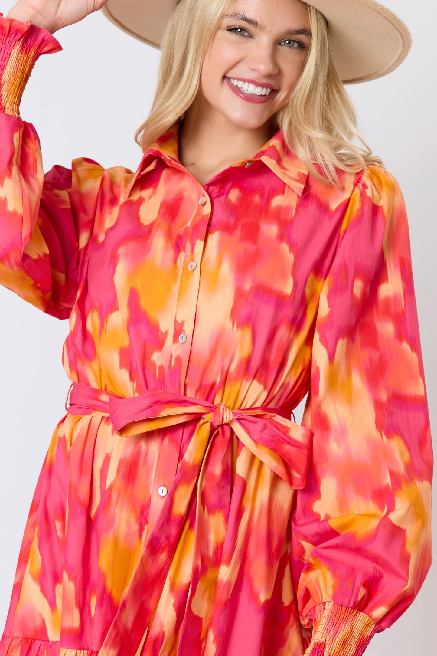 Magenta orange brushed print shirt dress with tie waist from Peach Love California, casual dress with long sleeves and relaxed fit.
