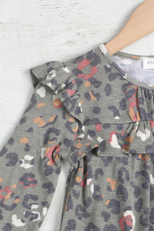 Girls' animal print tunic dress by Perfect Peach with shirring, ruffle details, long sleeves, and comfortable fit.