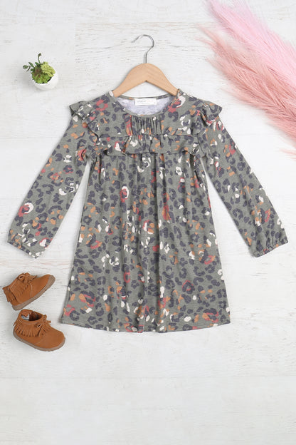 Girls' animal print long sleeve tunic dress with shirring and ruffle details by Perfect Peach, featuring a stylish and comfortable design.
