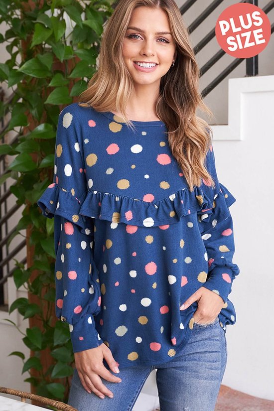 Perfect Peach long sleeve polka dot top featuring a classic design with a round neckline and button detail on a white background.