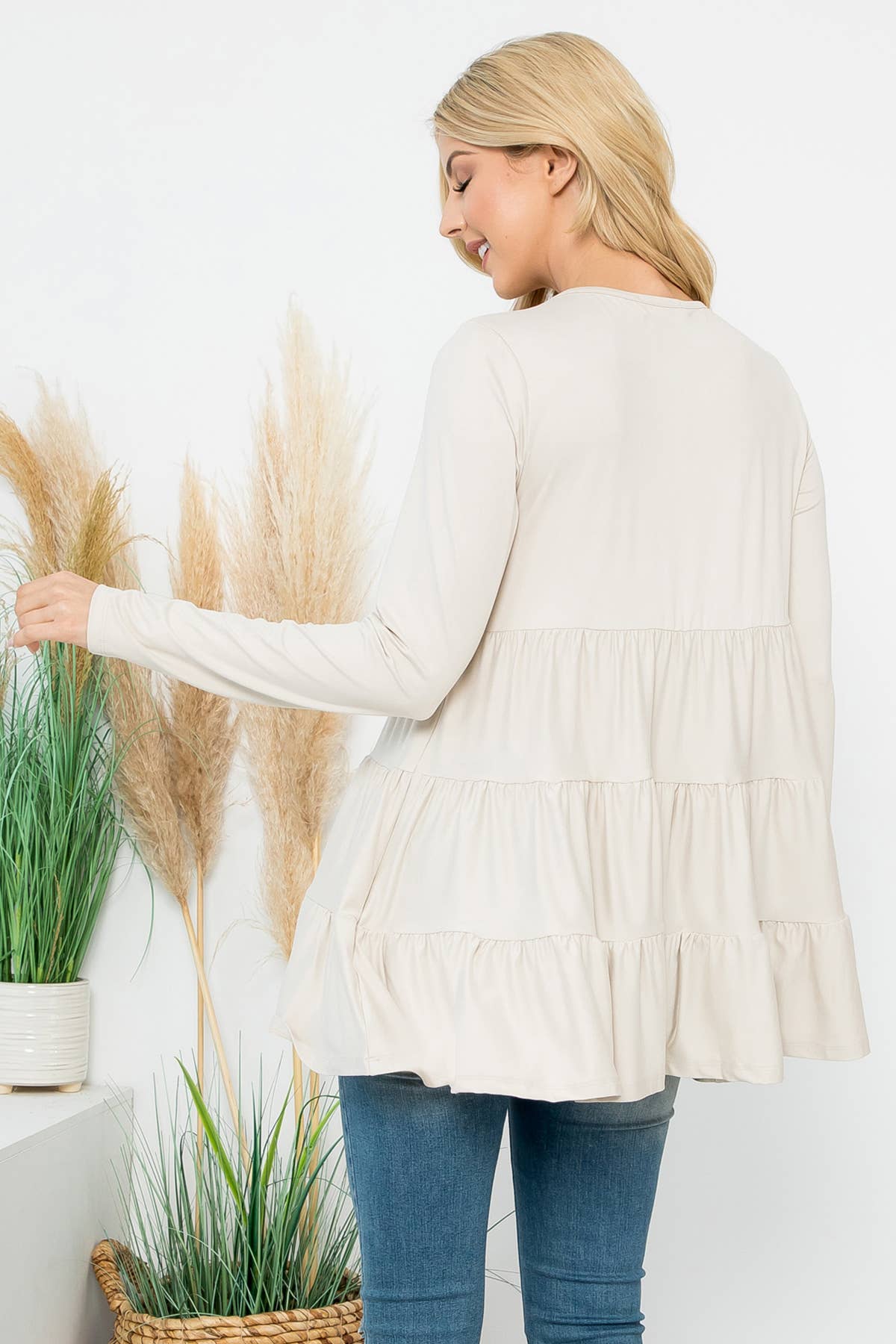 Perfect Peach solid long sleeve tiered top in bone cream, featuring a relaxed fit and layered design.