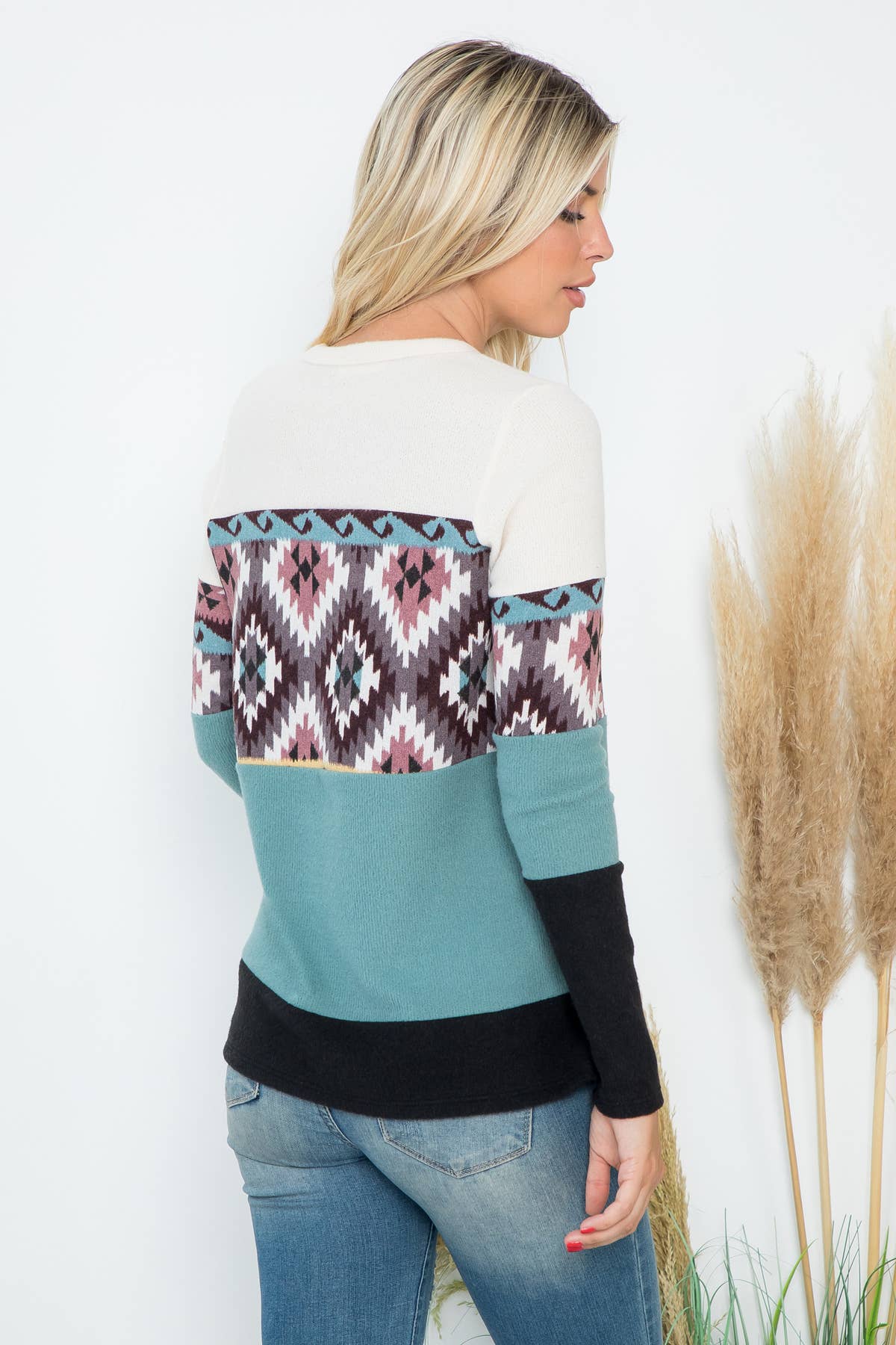 Perfect Peach long sleeve top with color block Aztec print and contrast design, featuring aqua and chocolate tones.