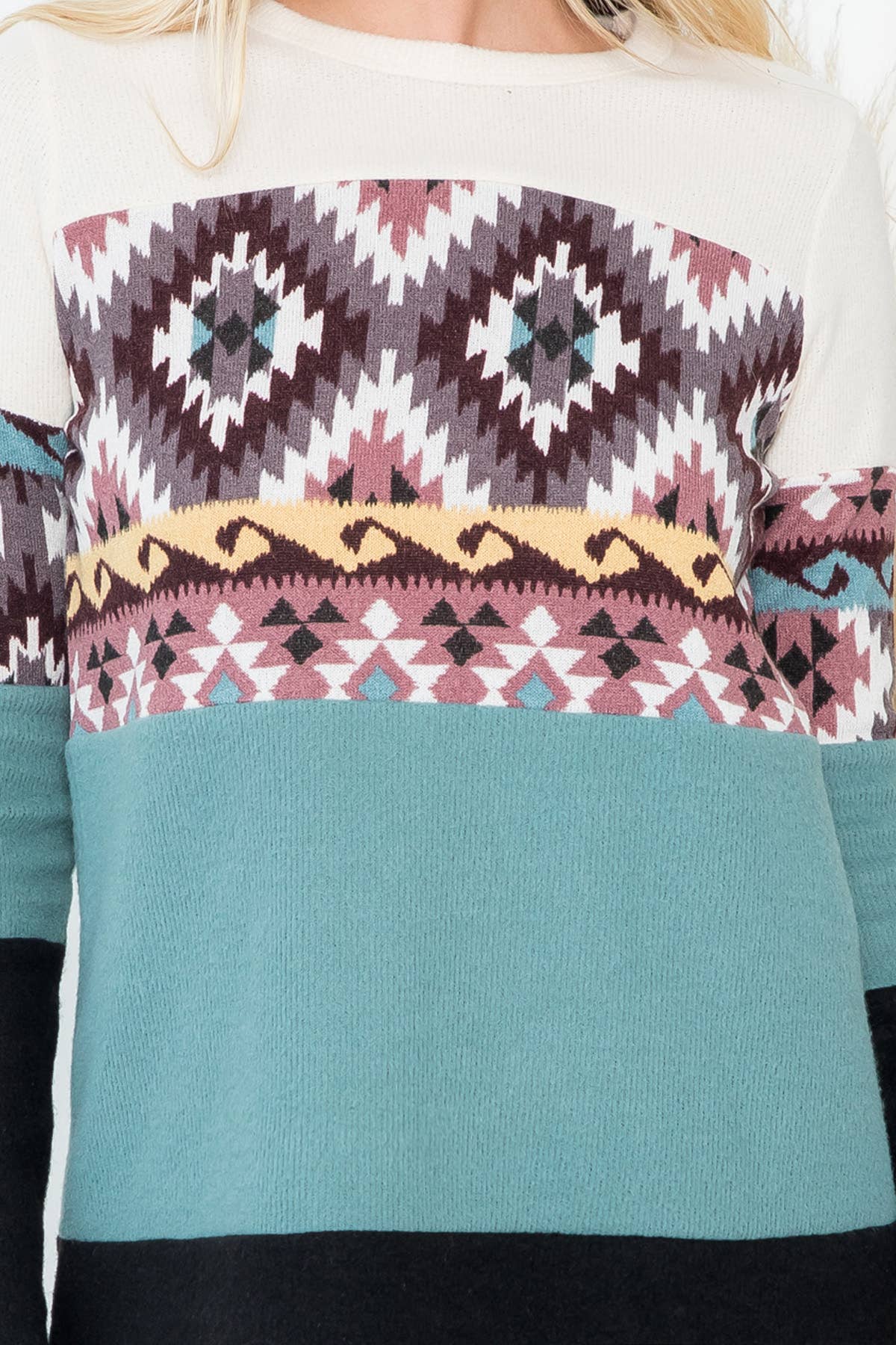 Perfect Peach long sleeve top with color block Aztec print and contrast details, featuring a stylish and vibrant design.