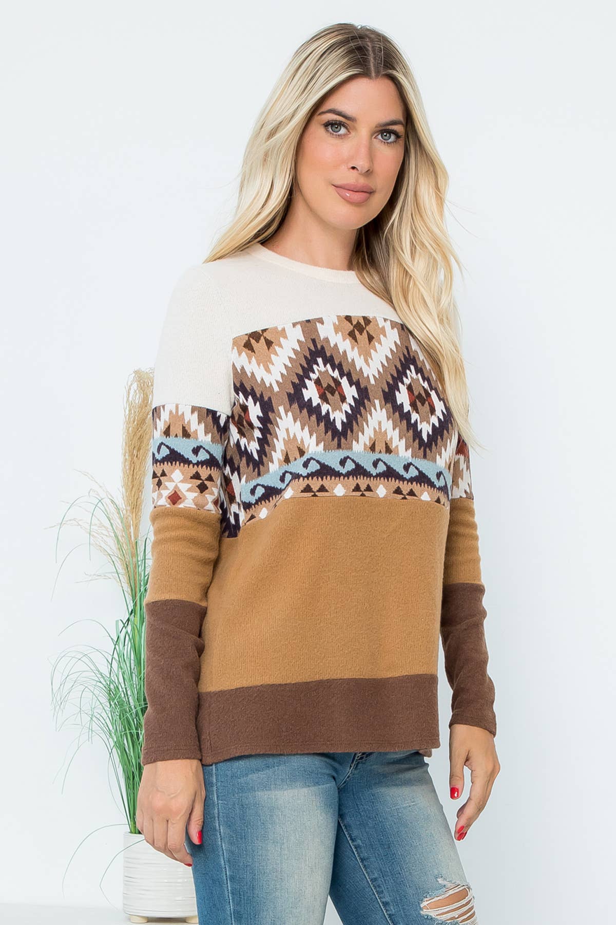 Perfect Peach long sleeve top with color block Aztec print, featuring contrast details in chocolate and aqua colors.