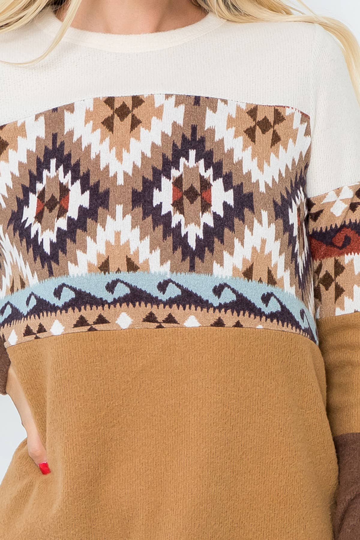 Perfect Peach long sleeve top with color block Aztec print and contrast design, featuring aqua and chocolate tones.