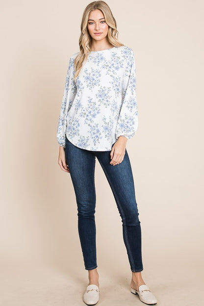 Bombom long sleeve White Blue Floral top TLFL04144