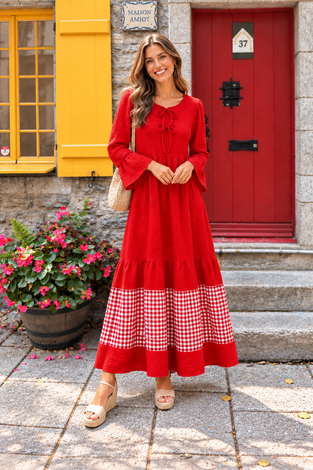 Red gingham accent tiered maxi dress styled outdoors