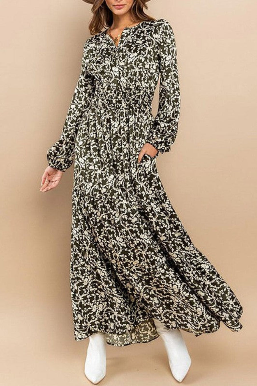 Olive satin long sleeve tiered maxi dress by Rousseau with elastic waist and flowing silhouette.