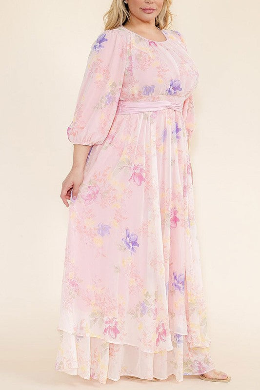 Soft pink pastel floral chiffon maxi dress by Rousseau, flowing fabric with a delicate floral pattern and elegant design.