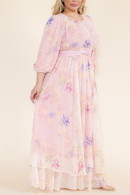 Soft pink pastel floral chiffon maxi dress by Rousseau, flowing fabric with a delicate floral pattern and elegant design.