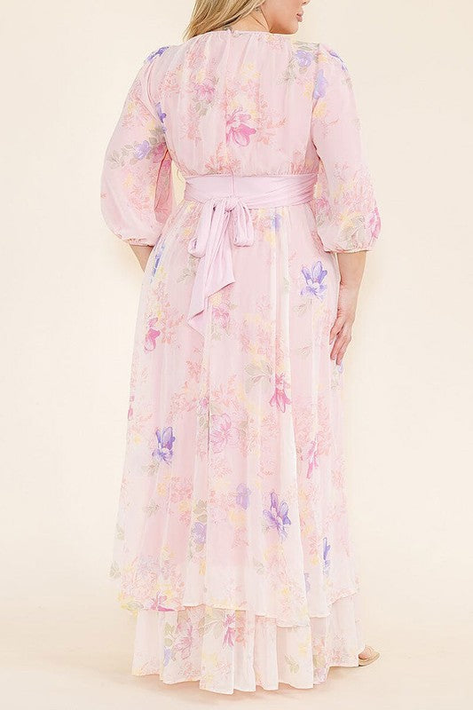 Soft pink pastel floral chiffon maxi dress by Rousseau, flowing fabric with delicate floral pattern and elegant design.