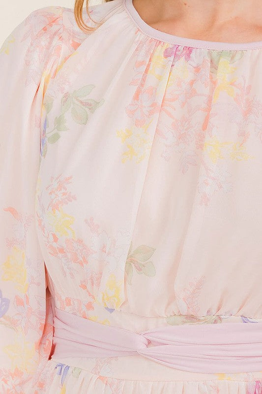Soft pink pastel floral chiffon maxi dress by Rousseau, flowing design with delicate floral pattern perfect for elegant occasions.