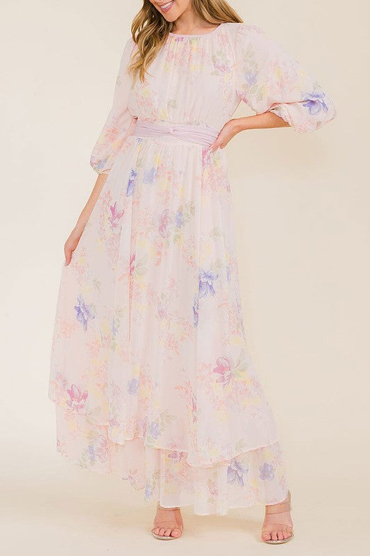 Soft pink pastel floral chiffon maxi dress by Rousseau, flowing fabric with delicate floral print and elegant design.