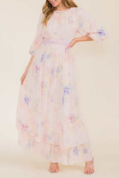 Soft pink pastel floral chiffon maxi dress by Rousseau, flowing fabric with delicate floral print and elegant design.