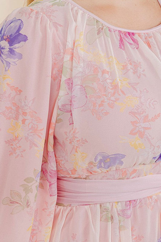 Soft pink pastel floral chiffon maxi dress by Rousseau, flowing dress with delicate floral pattern and elegant design.