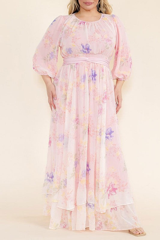 Soft pink pastel floral chiffon maxi dress by Rousseau, flowing design with delicate floral patterns, perfect for elegant occasions.