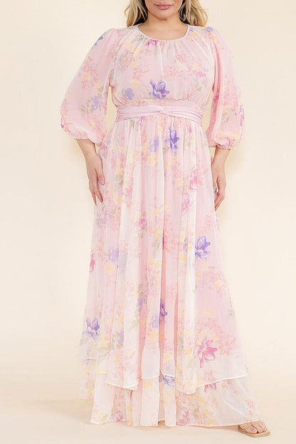 Soft pink pastel floral chiffon maxi dress by Rousseau, flowing design with delicate floral patterns, perfect for elegant occasions.