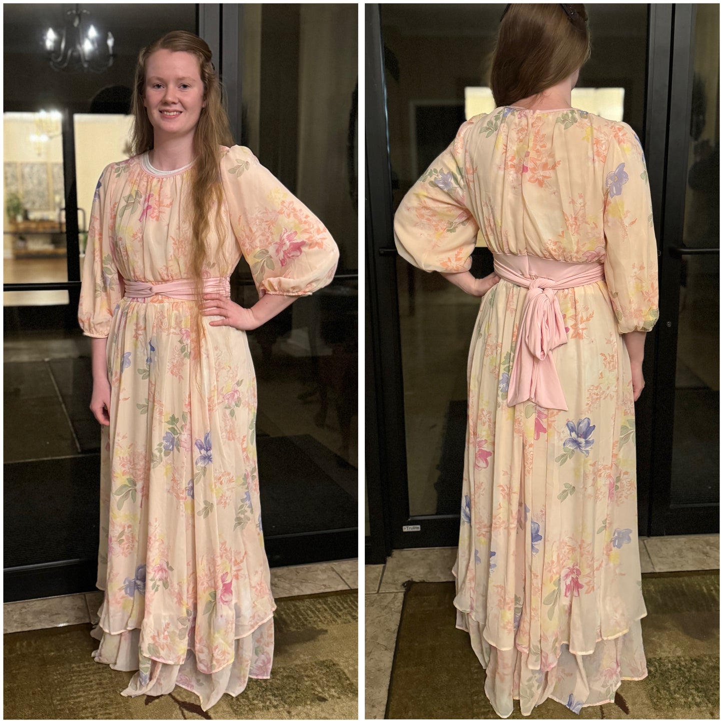 Soft pink pastel floral chiffon maxi dress by Rousseau featuring a flowing design and elegant floral pattern.