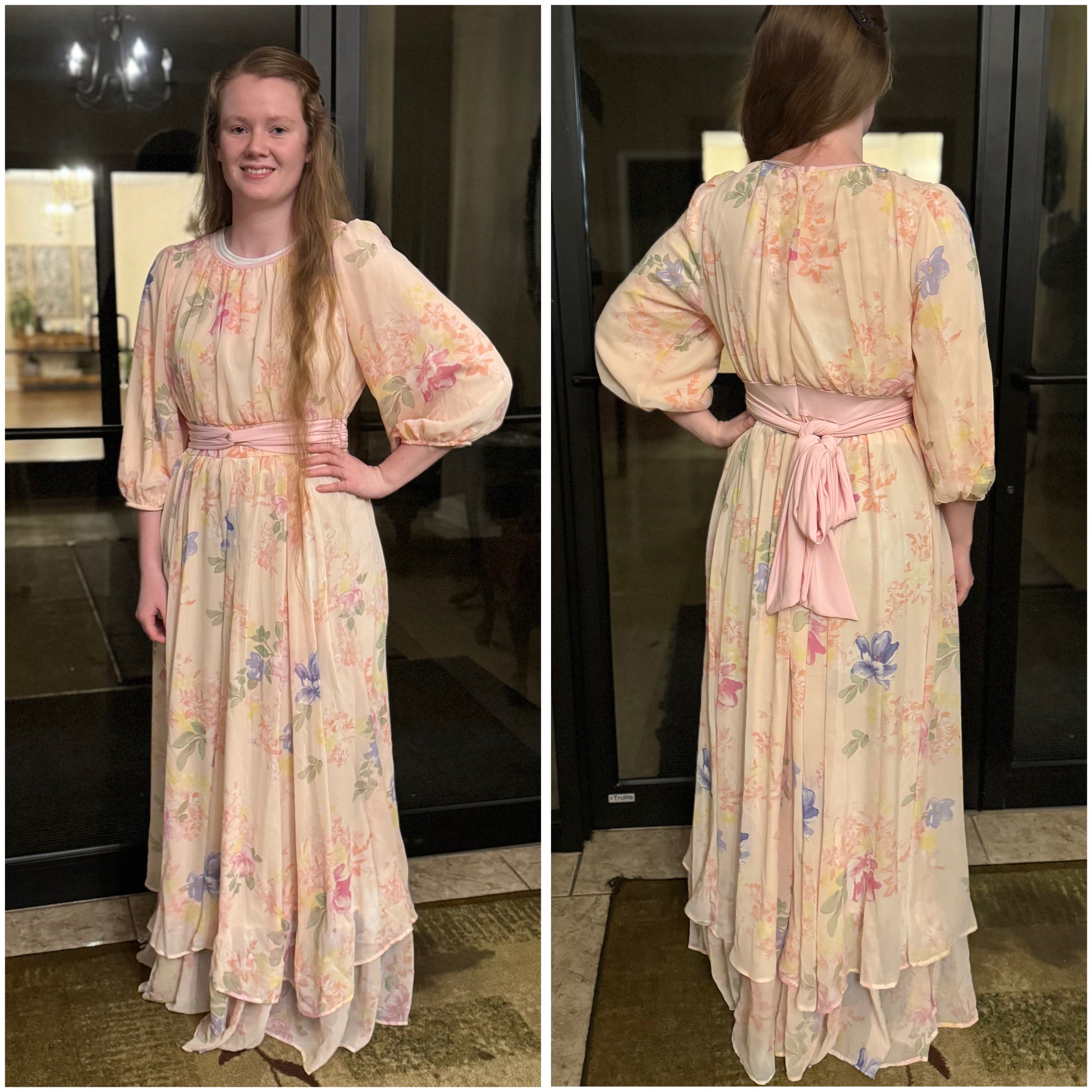 Soft pink pastel floral chiffon maxi dress by Rousseau featuring a flowing design and elegant floral pattern.
