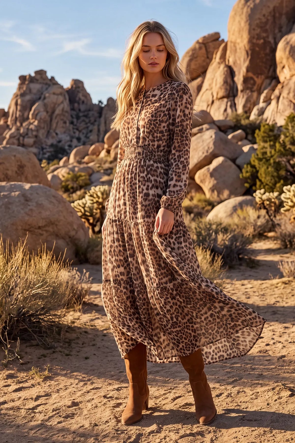 Long sleeve animal print tiered maxi dress with pockets by She and Sky, featuring a flowing silhouette and stylish pattern.