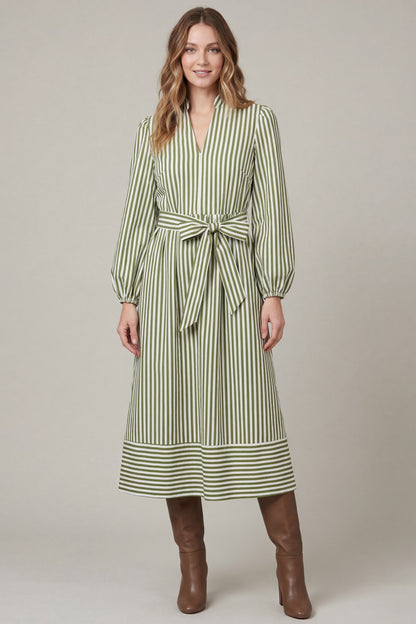She and Sky long sleeve striped midi shirt dress with belt, featuring a classic pattern and relaxed fit, shown on a model.