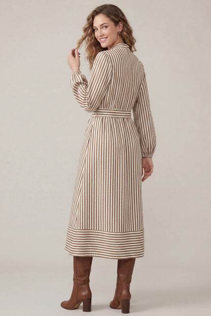 Long sleeve striped midi shirt dress with belt by She and Sky, featuring a button-up front and waist tie for a stylish look.