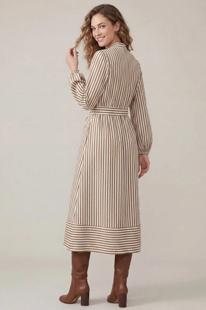She and Sky long sleeve striped midi shirt dress with belt, featuring a casual, stylish design and button-front detail.