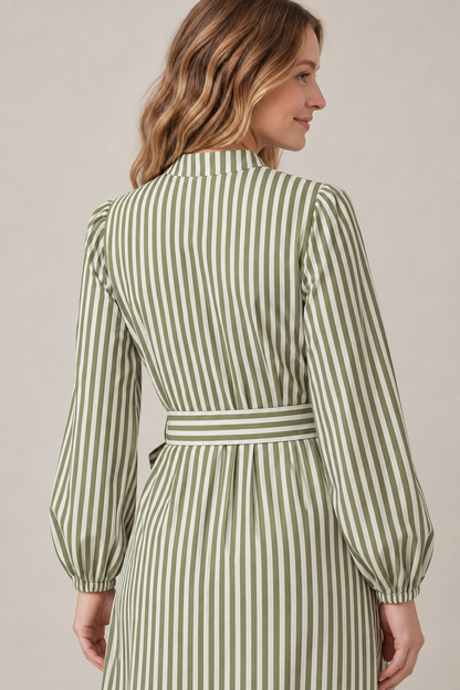 Olive green long sleeve striped midi shirt dress with belt from She and Sky, showing back construction detail.