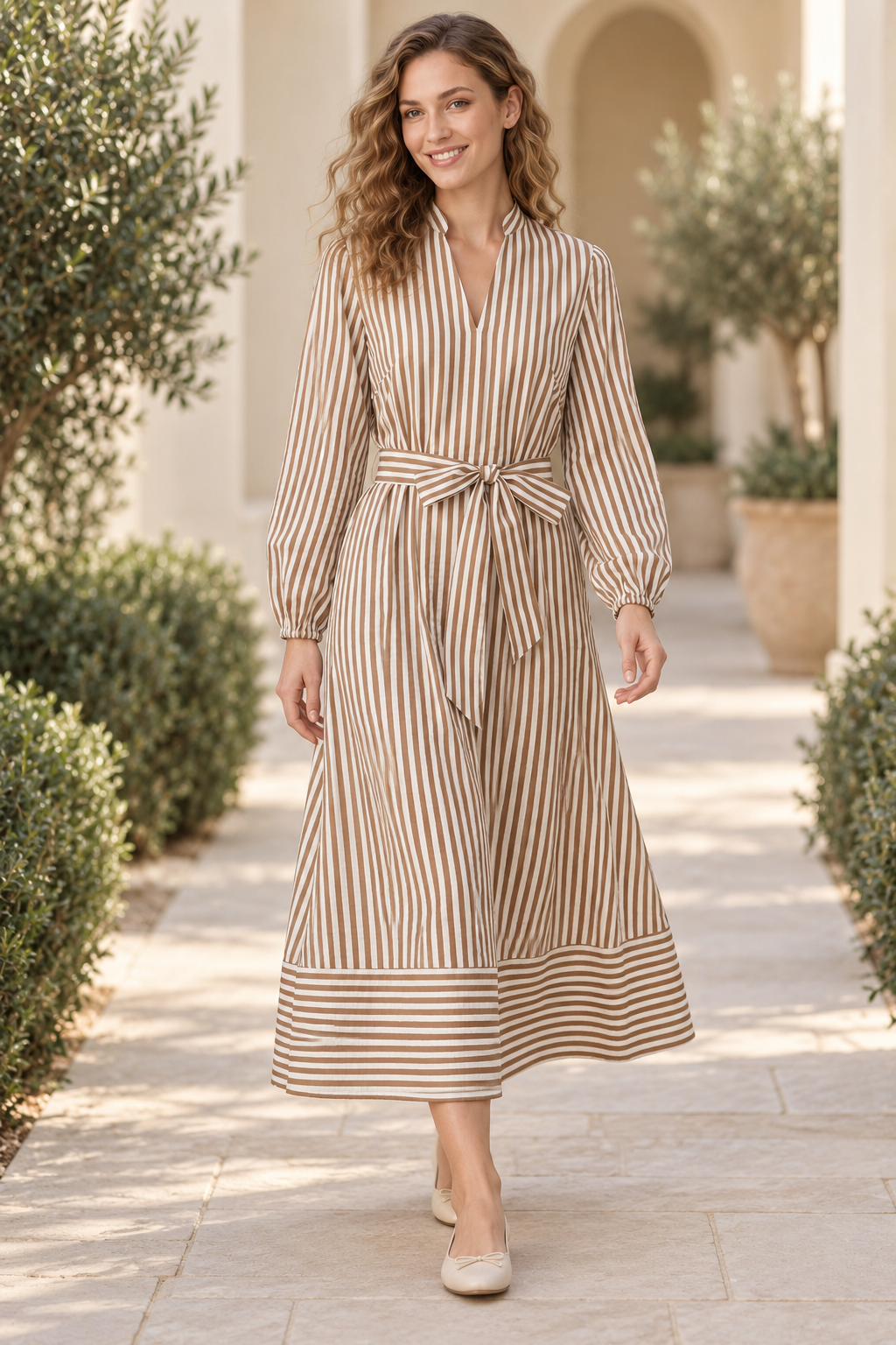 She and Sky long sleeve striped midi shirt dress with belt, featuring a classic pattern and stylish design in the image.