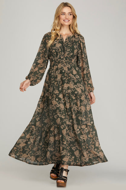 Printed tiered maxi dress in cream by She+Sky, featuring flowing fabric and a stylish, layered design for elegant summer wear.