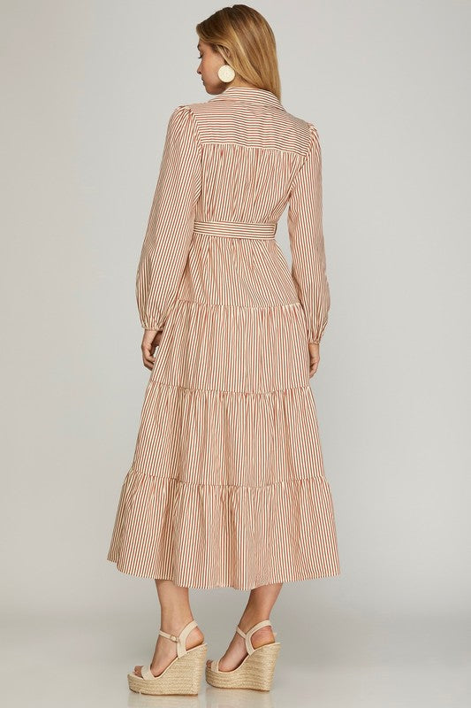 She+Sky Cinnamon striped maxi dress with a flowing silhouette and vibrant pattern, perfect for casual and summer wear.