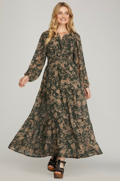 Plus printed tiered maxi dress in cream by She+Sky, featuring a flowing silhouette and tiered design, perfect for casual or special occasions.