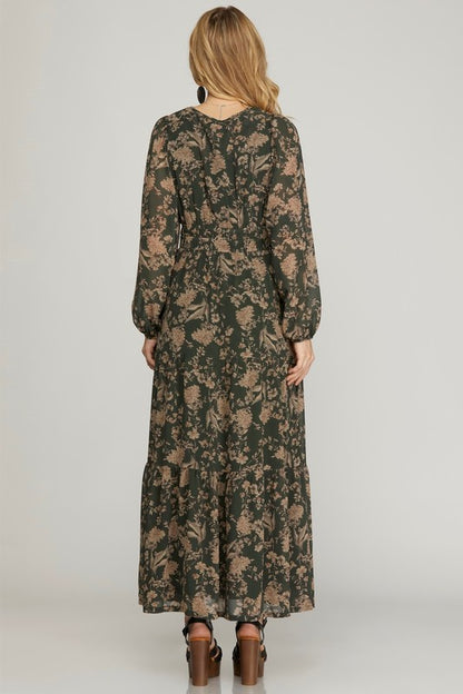 Plus printed tiered maxi dress in cream by She+Sky, featuring a flowy, tiered design and elegant style.