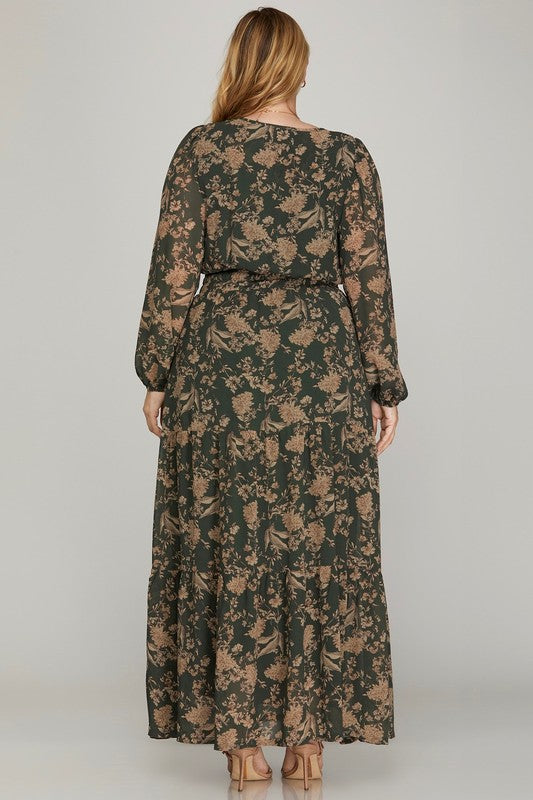 Plus printed tiered maxi dress in black by She+Sky, featuring flowing fabric and a stylish layered design.
