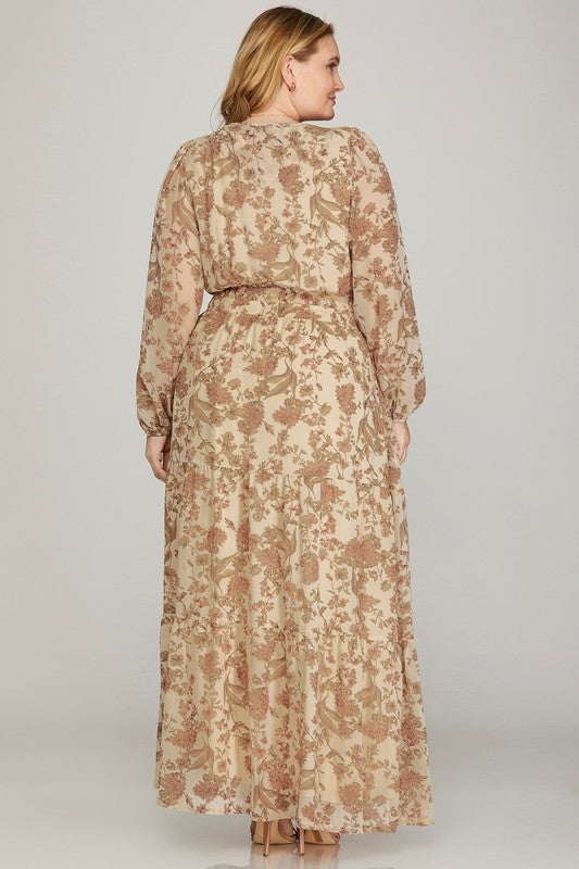 Plus printed tiered maxi dress in black by She+Sky, featuring a flowing silhouette and tiered design, perfect for elegant style.