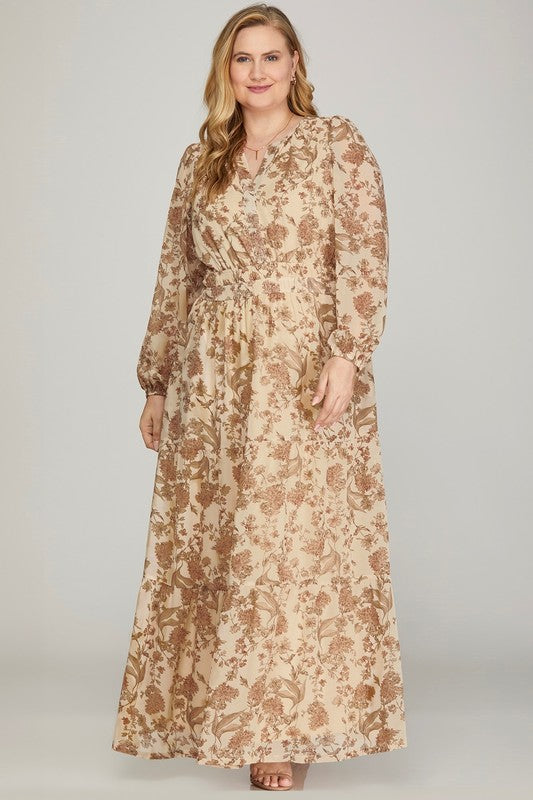 Plus printed tiered maxi dress in black by She+Sky, featuring a flowy design and tiered layers, suitable for casual or formal wear.