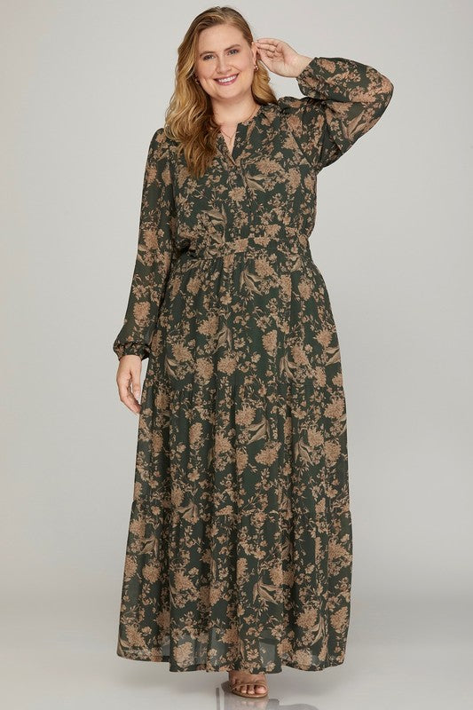 Plus printed tiered maxi dress in black by She+Sky, featuring a flowy design and tiered details.
