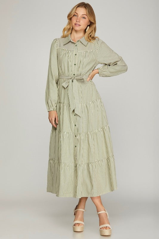 Striped Perfection Maxi Dress from She+Sky in cinnamon color, flowing dress with horizontal stripe pattern and sleeveless design.