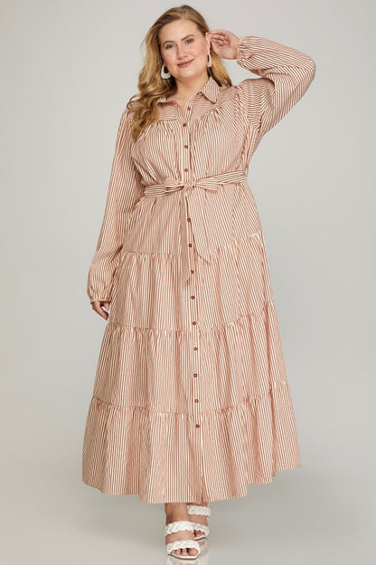 Plus striped maxi dress by She+Sky in cinnamon, featuring a flowy silhouette and bold horizontal stripes.