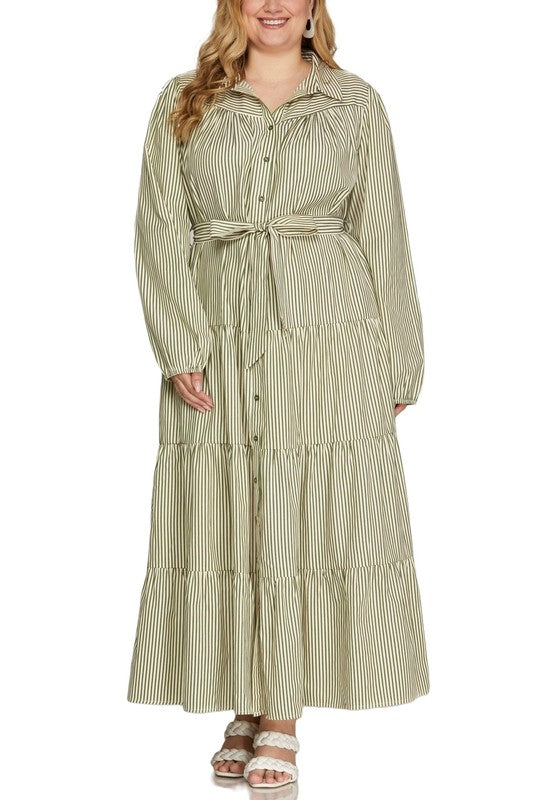 Plus Striped Perfection Maxi Dress by She+Sky in cinnamon with vertical stripes, flowing fabric, and a stylish maxi length.