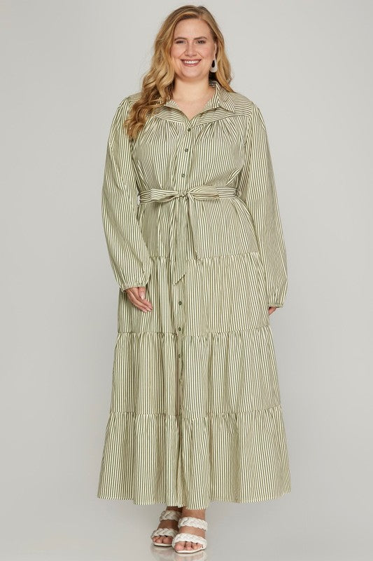 Plus striped maxi dress from She+Sky in cinnamon, featuring a flowing design and bold stripe pattern, perfect for casual wear.