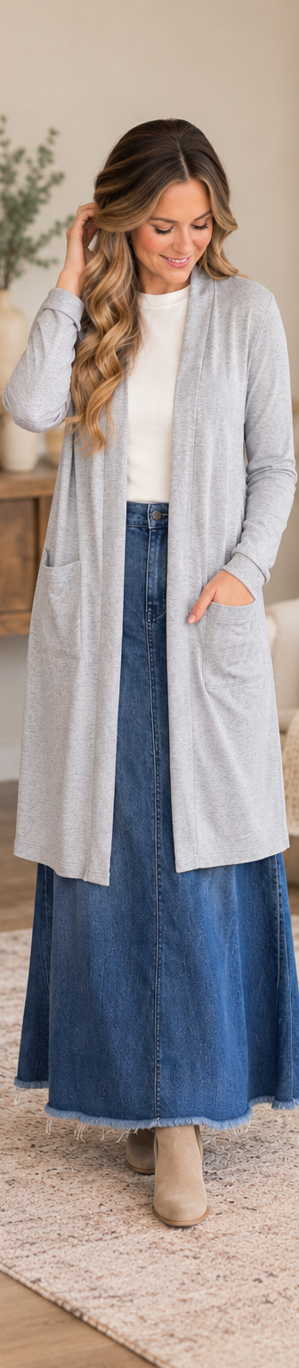 Silver long sleeve layering cardigan lifestyle image