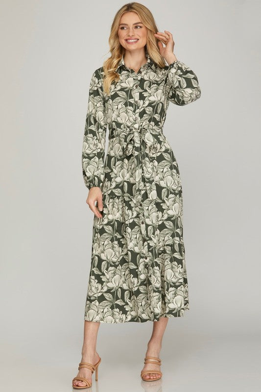 Olive green woven print collared tiered shirt dress by StyleUSA, featuring a relaxed fit and feminine tiered design.