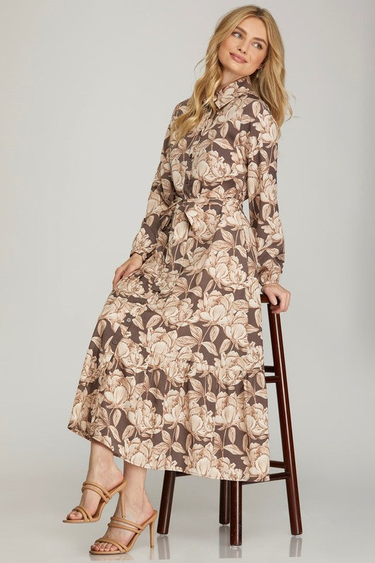 Olive green woven print collared tiered shirt dress from StyleUSA featuring long sleeves and a relaxed fit.