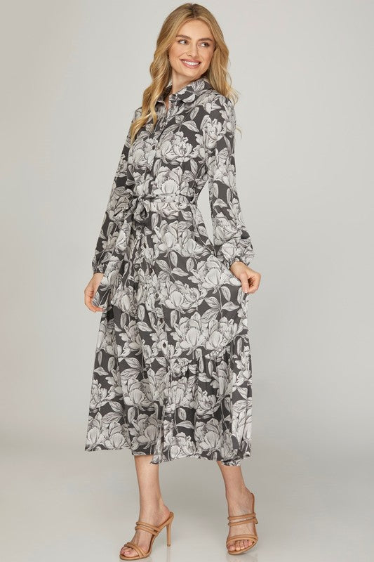 Olive green woven print collared tiered shirt dress by StyleUSA, featuring a relaxed fit and stylish design.